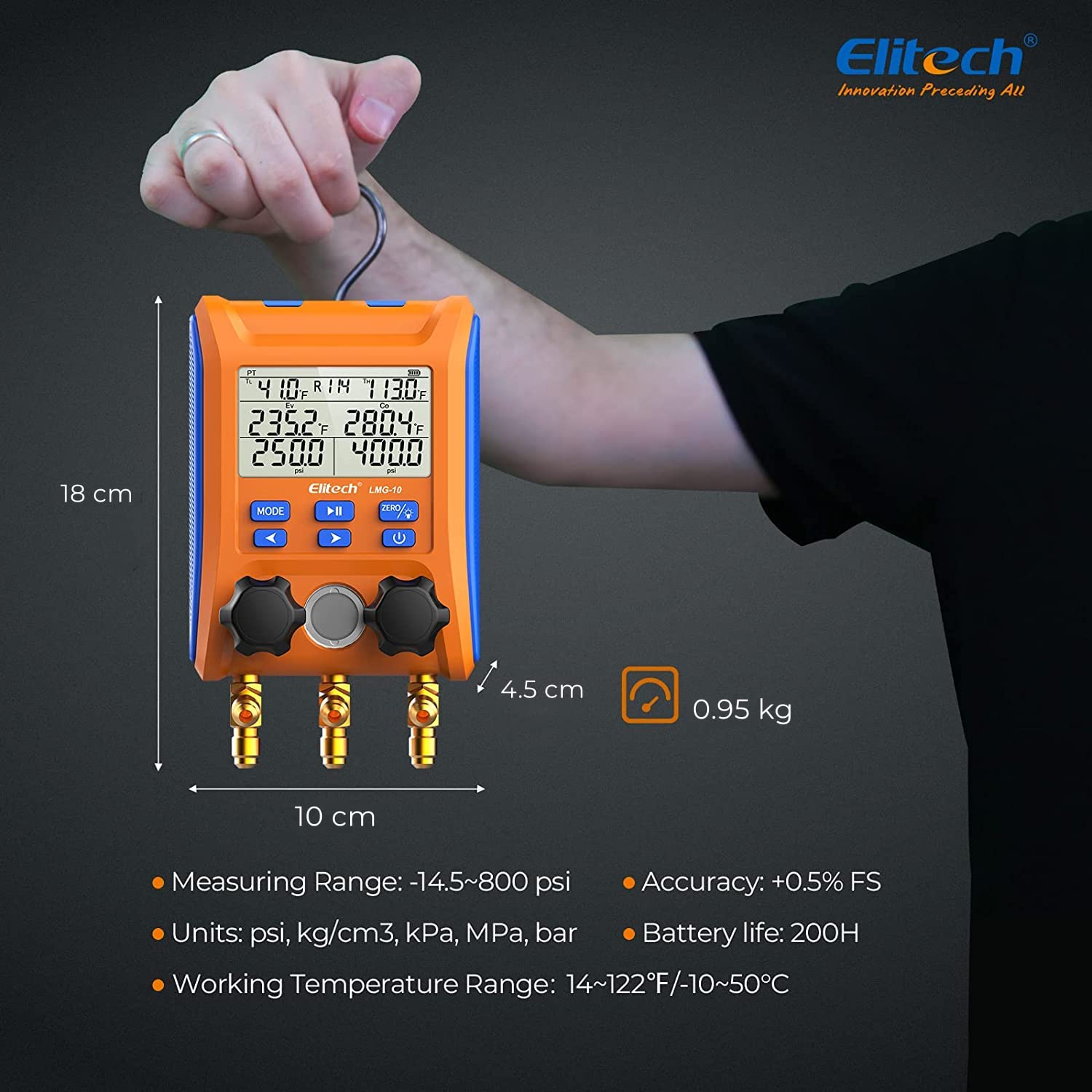 Elitech Kältetechnik die Monteurhilfe Manifold Gauge Set, Hochpräzises Vakuum Drucktemperatur Lecktester Tester Digitales Messgerät für Kühlschränke LMG-10