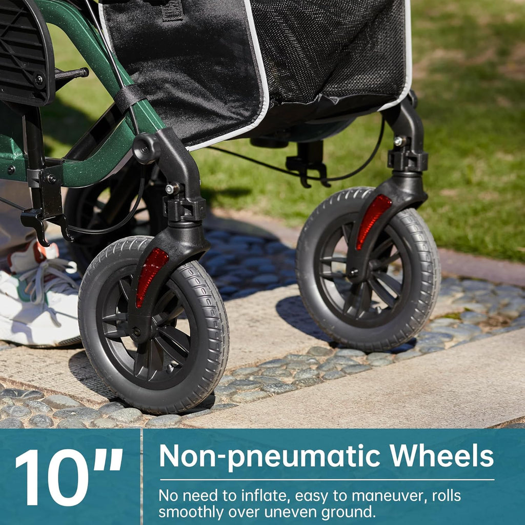 Geländegängiger 2-in-1-Rollator und Transportstuhl, zusammenklappbarer Rollstuhl mit luftlosen 10-Zoll-Rädern für Senioren, umkehrbare Rückenlehne und abnehmbare Fußstützen, blau