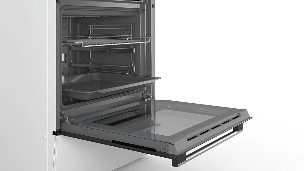 Bosch HKR39C250 Serie 4 Elektro-Standherd, 60 cm breit, EcoClean Direct Reinigungshilfe, 3D Heißluft Backen auf 3 Ebenen, LED-Display-Steuerung, erweiterbare Kochzone für großes Kochgeschirr