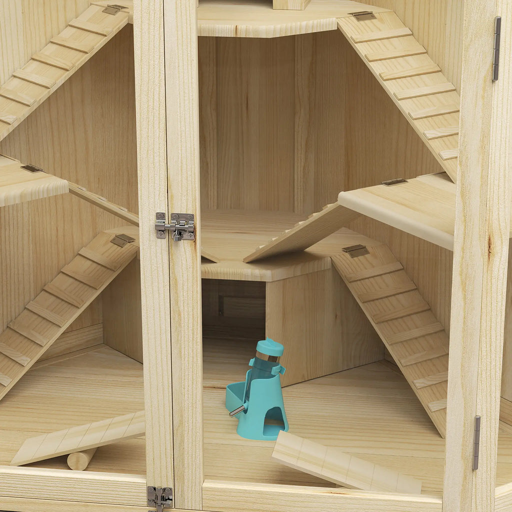 PawHut Hamsterkäfig Holz 4 Ebenen mit Zubehör und Sichtfenster