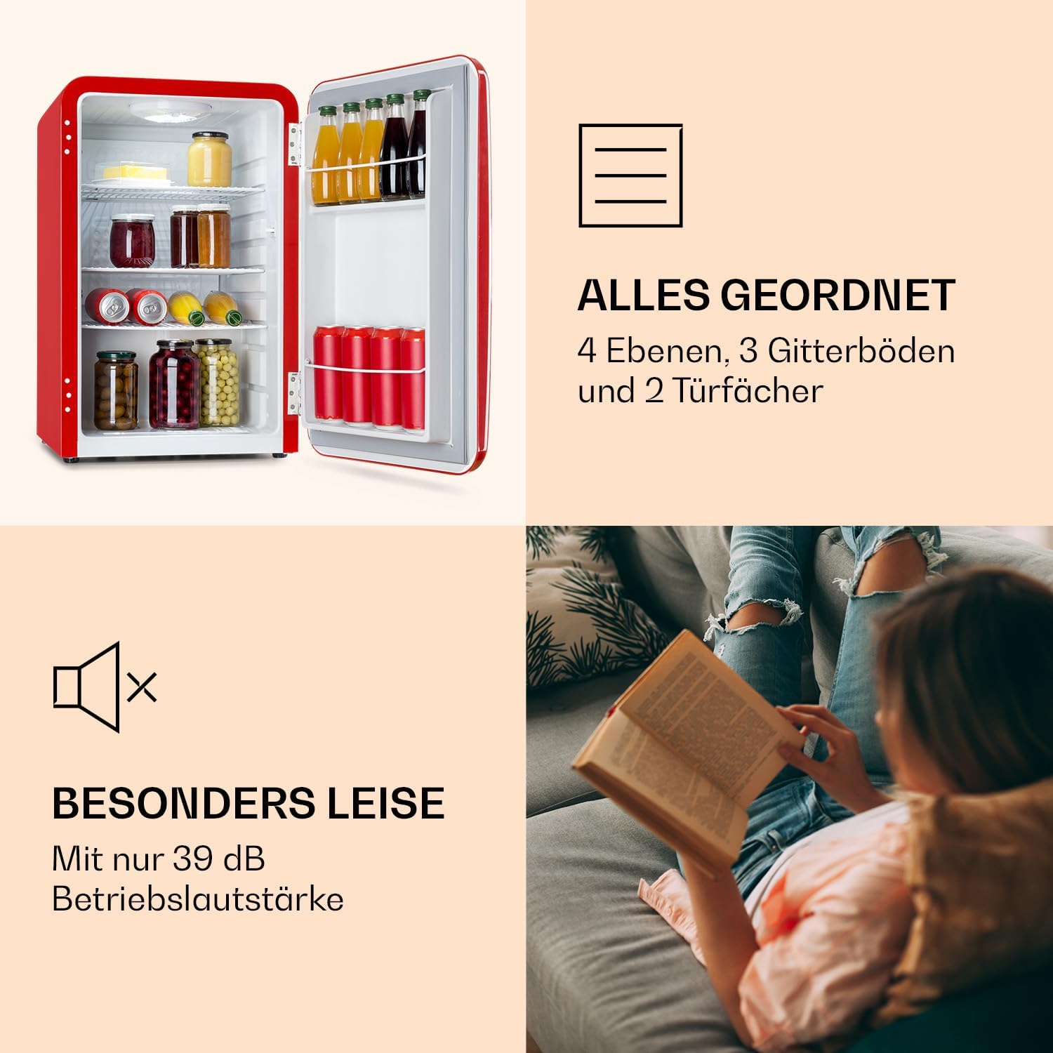 Klarstein Audrey Mini - kleiner Kühlschrank, kompakte Mini-Bar, freistehend, Kompressionskühlung, Fassungsvermögen, Kühlung: 0-10 °C, Mini-Kühlschrank mit 70 Liter Fassungsvermögen, rot