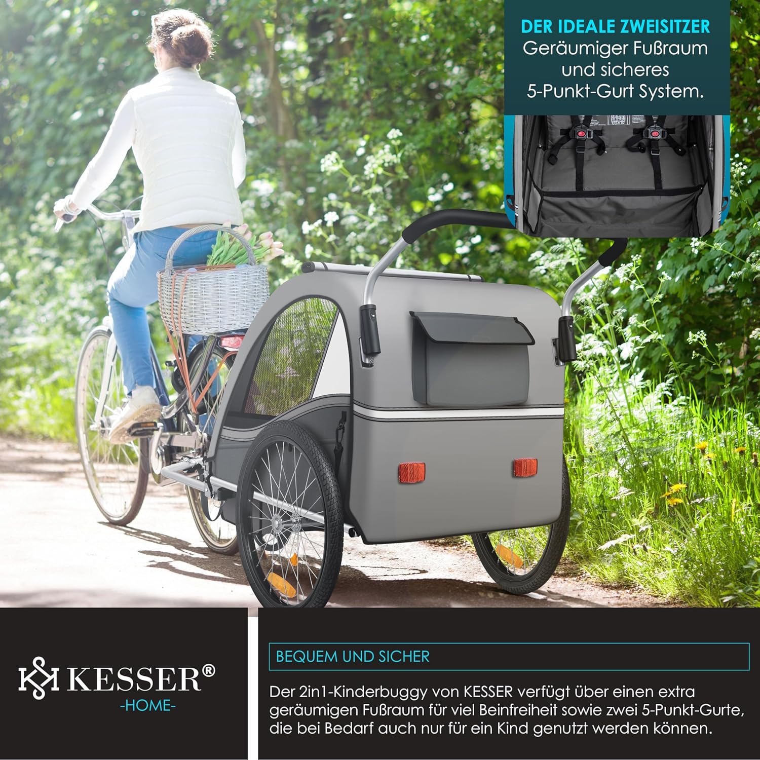 KESSER Kinderfahrradanhänger Sport-RX 2in1 Jogger & Buggy 5-Punkt-Gurt Sicherheitsgurt 360° Vorderrad Kinderfahrradanhänger Reflektoren für 1-2 Kinder (max. 40 kg) Getränkehalter & Smartphonefach
