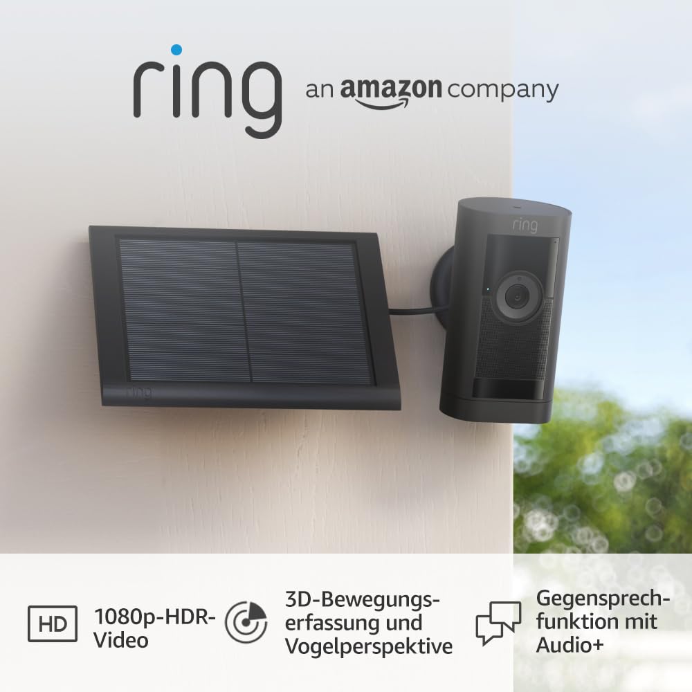 Ring Außenkamera Pro Solar (Stick Up Cam Pro) | Solarbetriebene Überwachungskamera aussen mit 1080p-HDR-Video, WLAN, 3D-Bewegungserfassung, Alexa-kompatibel | 2 Sicherheitskameras