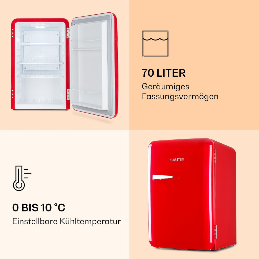 Klarstein Audrey Mini - kleiner Kühlschrank, kompakte Mini-Bar, freistehend, Kompressionskühlung, Fassungsvermögen, Kühlung: 0-10 °C, Mini-Kühlschrank mit 70 Liter Fassungsvermögen, rot