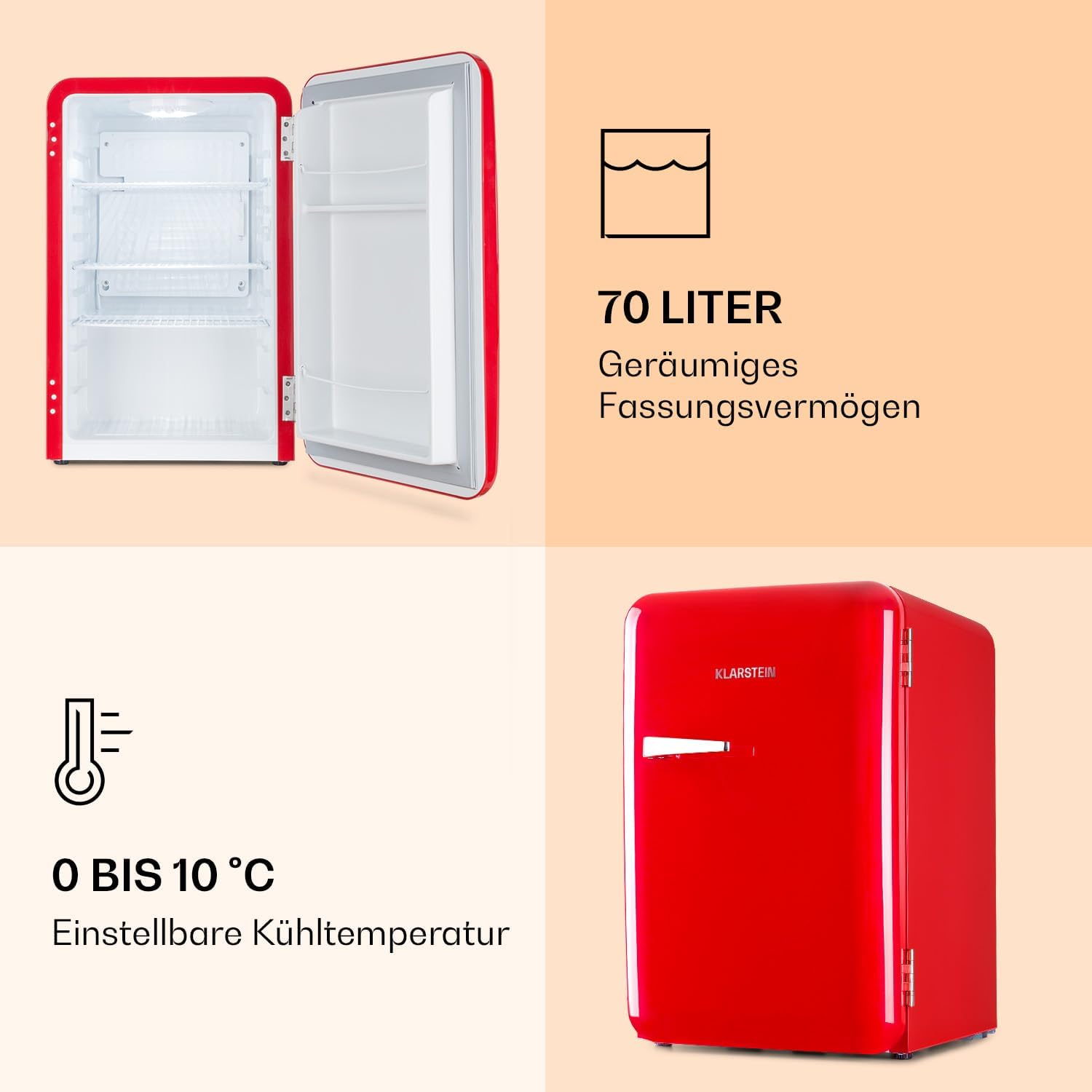 Klarstein Audrey Mini - kleiner Kühlschrank, kompakte Mini-Bar, freistehend, Kompressionskühlung, Fassungsvermögen, Kühlung: 0-10 °C, Mini-Kühlschrank mit 70 Liter Fassungsvermögen, rot
