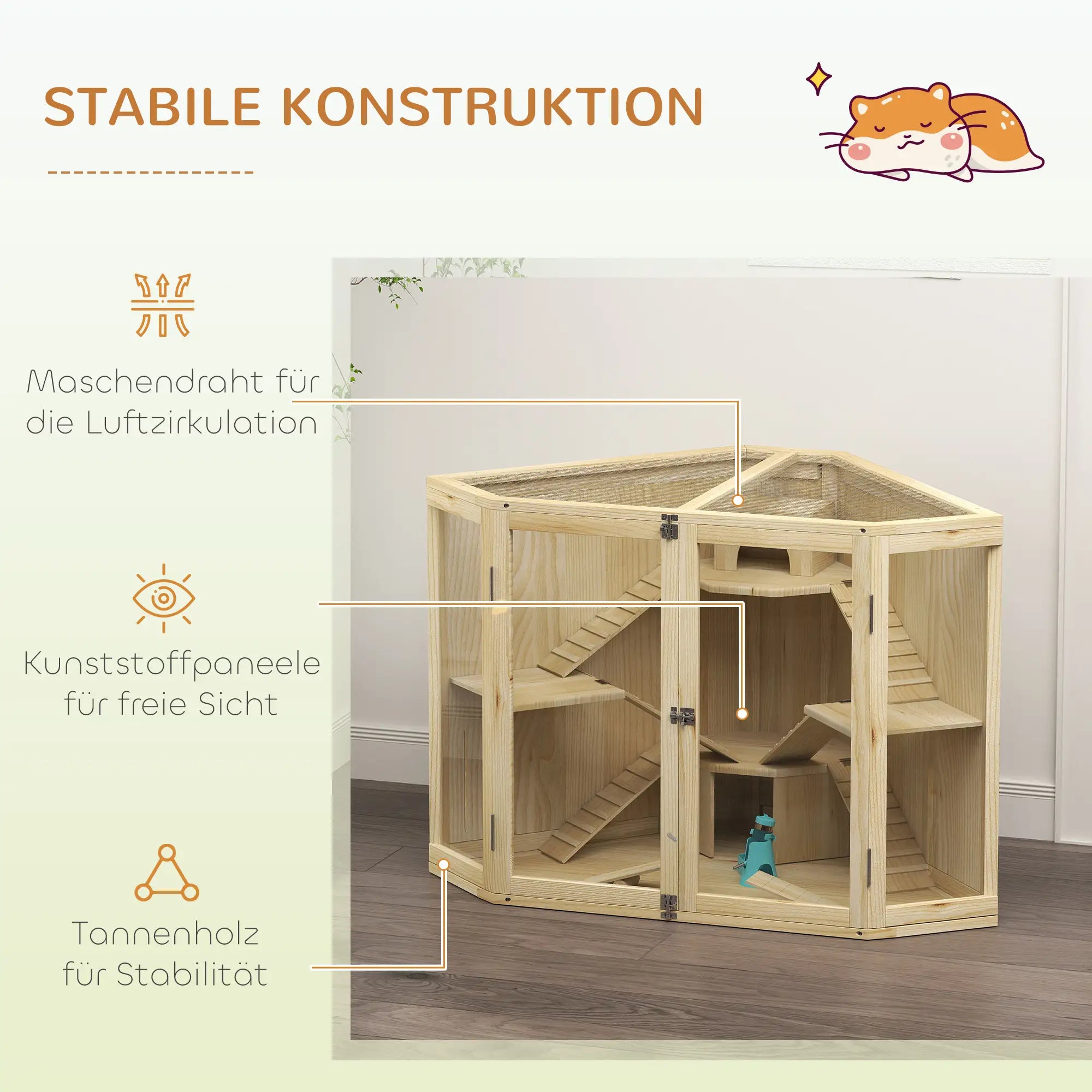 PawHut Hamsterkäfig Holz 4 Ebenen mit Zubehör und Sichtfenster