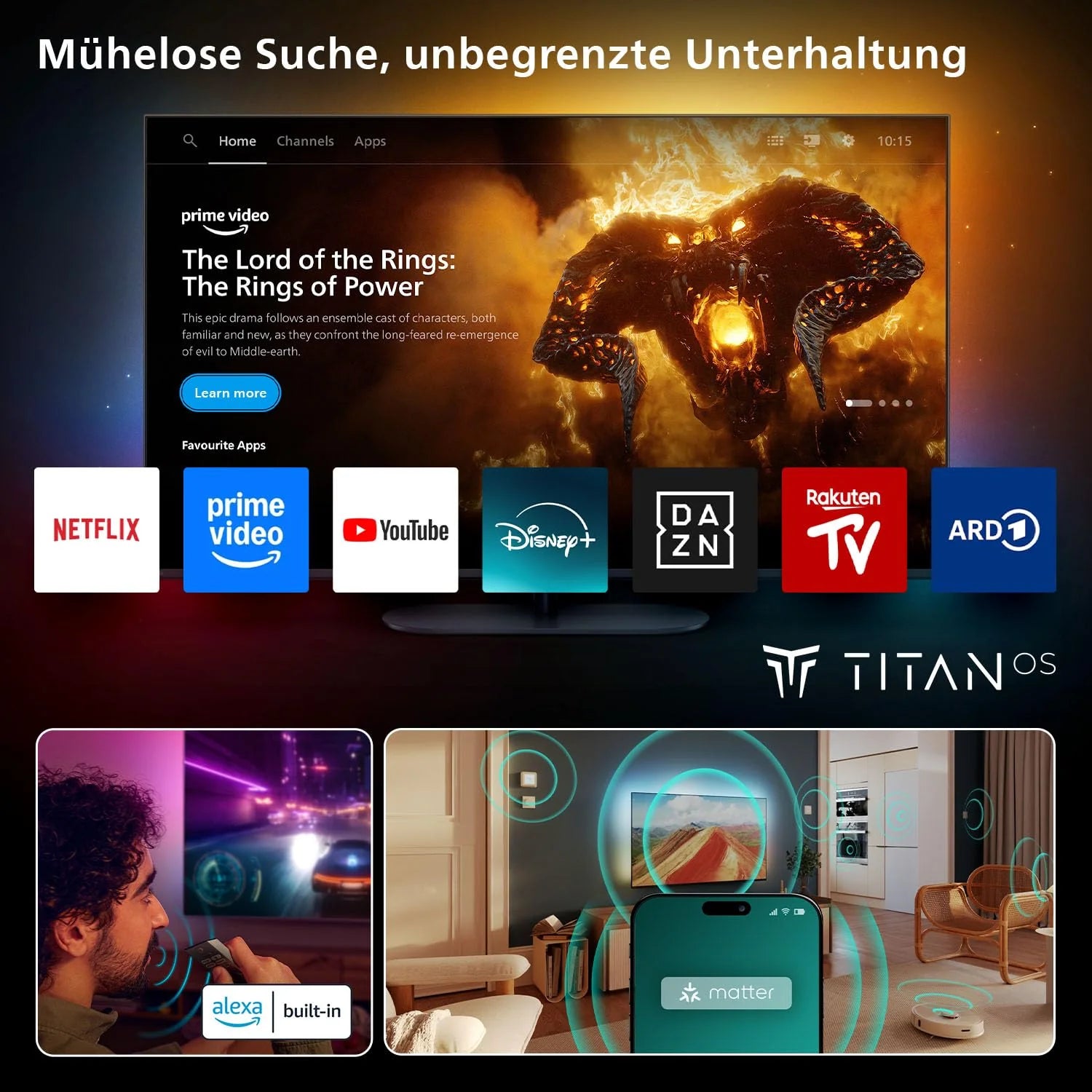 Philips Ambilight 55PUS8600 4K QLED Smart TV - 55 Zoll Display mit P5 Perfect Picture Engine Ultra HD, Titan OS, Dolby Vision und Dolby Atmos Sound
