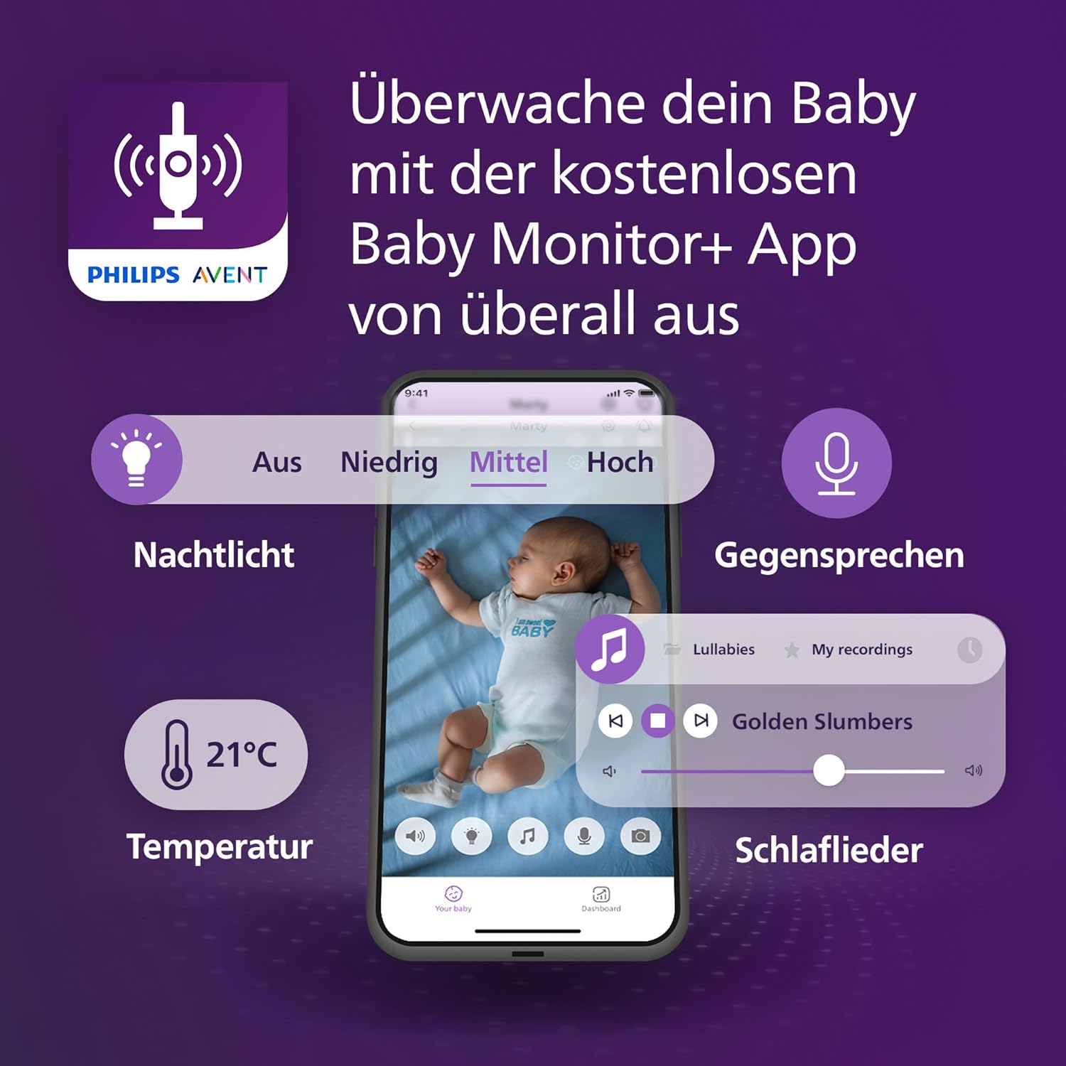 PHILIPS Avent Connected Videophone mit WLAN, hochwertiger HD-Kamera, Infrarot-Nachtsichtfunktion, Schrei-Erkennung, Gegensprechfunktion, 12 Stunden Bildschirmlaufzeit im Eco-Modus, Modell SCD951/26