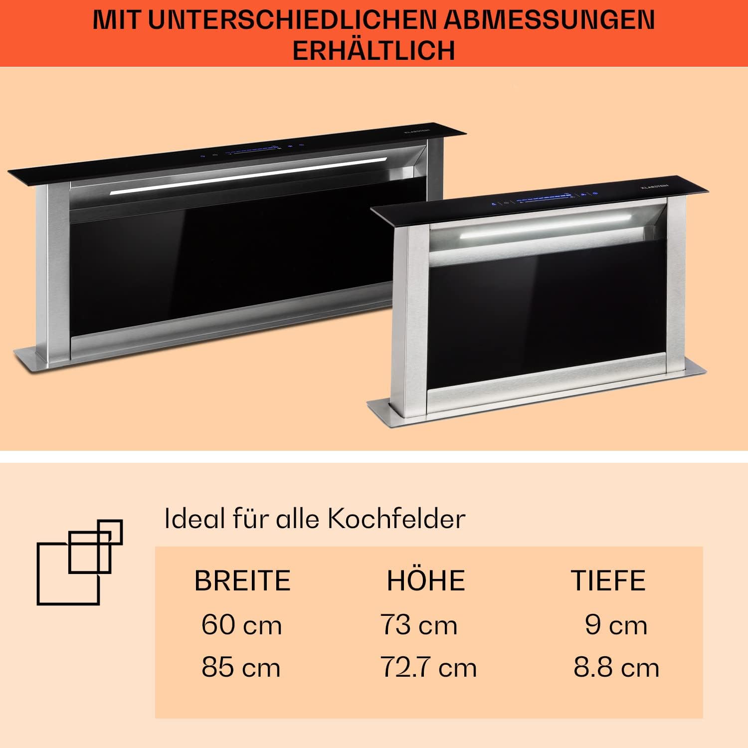 Klarstein Downdraft-Dunstabzugshaube, Versenkbare Abzugshaube, Leise Dunstabzugshauben mit Filter, Dunstabzugshaube 60cm, Umluft/Abluft Dunsthaube mit 10 Stufen, Dunstabzug 576 m³/h Luftstrom