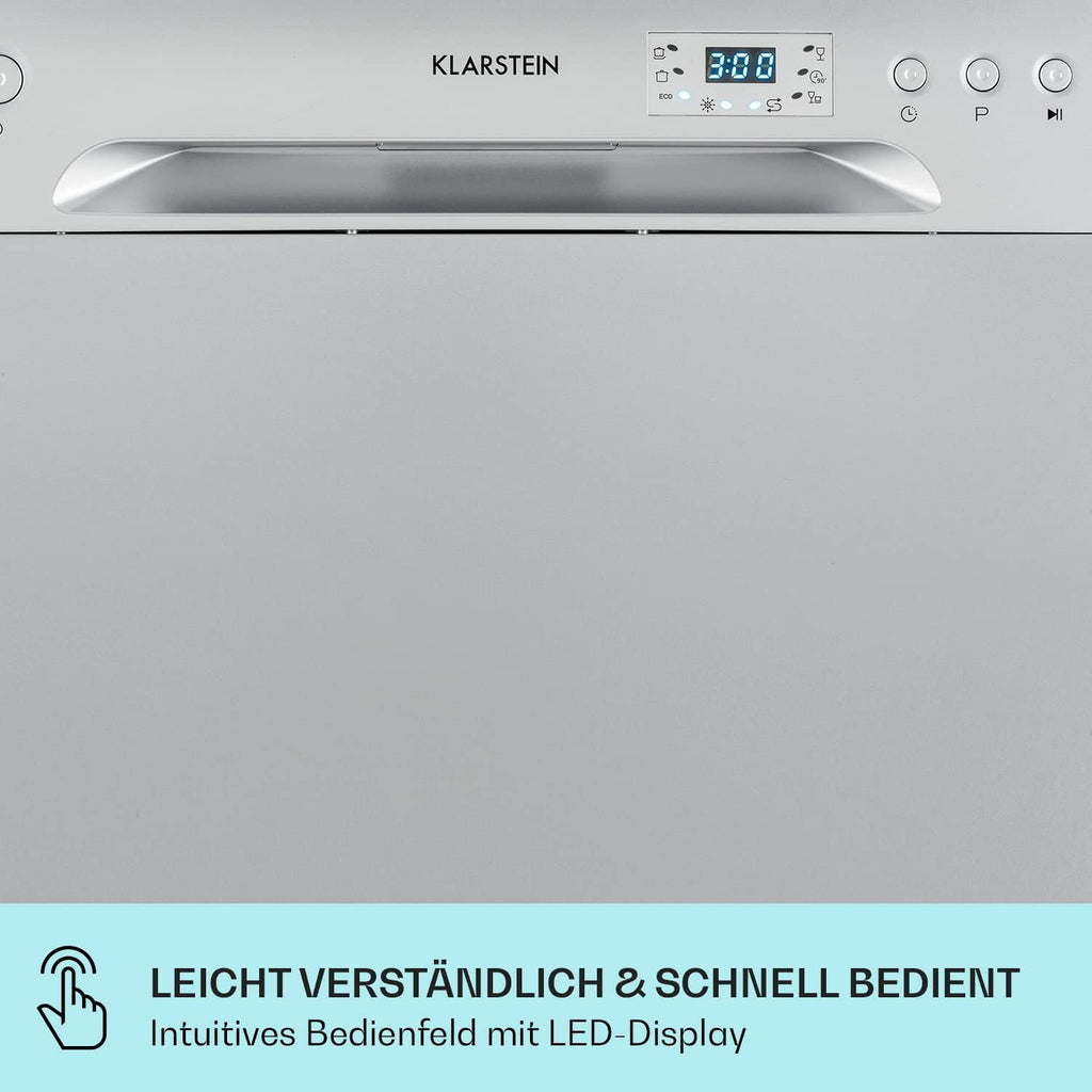 Klarstein ia 8 - Spülmaschine, Geschirrspüler, Freistehend, Teilintegriert, F, 55 cm breit, 8 Maßgedecke, 6 Programme, Aquastop, silber