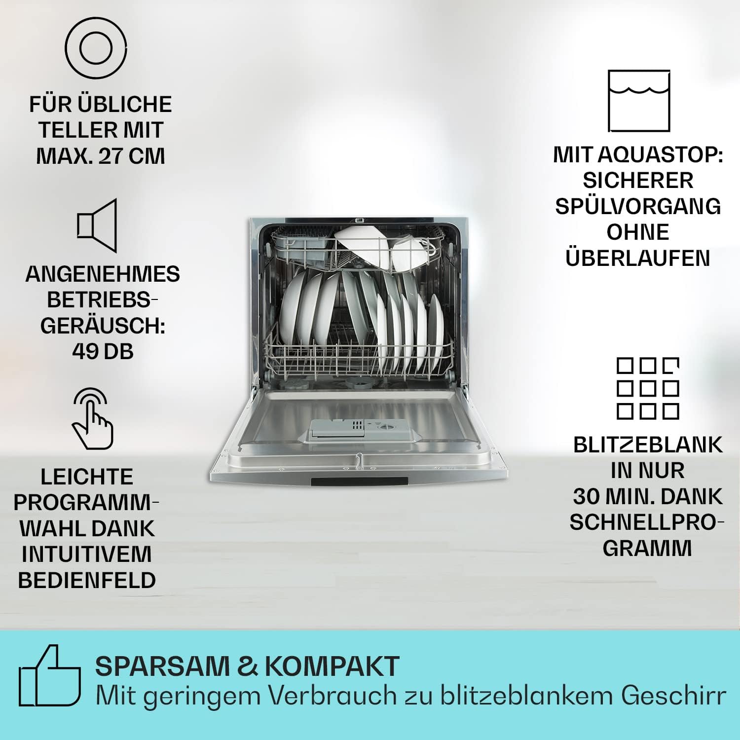 Klarstein ia 8 - Spülmaschine, Geschirrspüler, Freistehend, Teilintegriert, F, 55 cm breit, 8 Maßgedecke, 6 Programme, Aquastop, silber