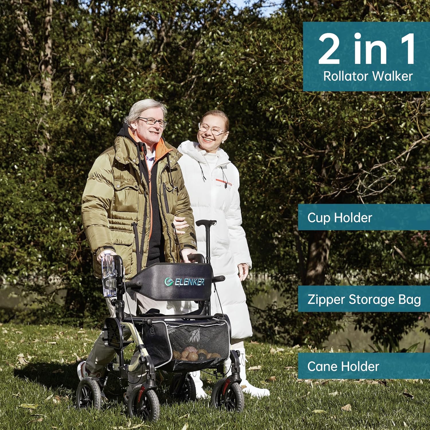 Geländegängiger 2-in-1-Rollator und Transportstuhl, zusammenklappbarer Rollstuhl mit luftlosen 10-Zoll-Rädern für Senioren, umkehrbare Rückenlehne und abnehmbare Fußstützen, blau