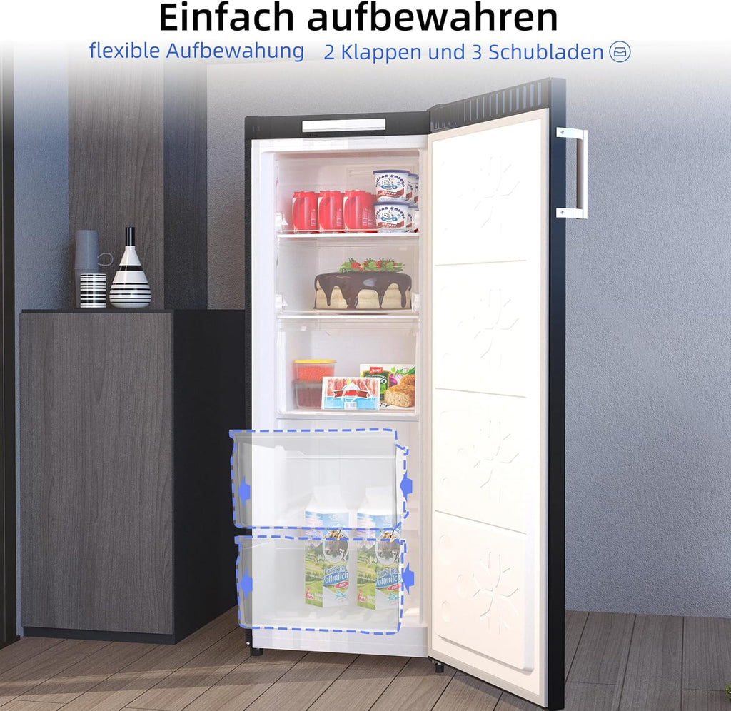 CHiQ FSD166NE4E Gefrierschrank 166 L, No Frost Technologie, Wechselbarer Türanschlag, Schwarzer Edelstahl, 144cm Höhe