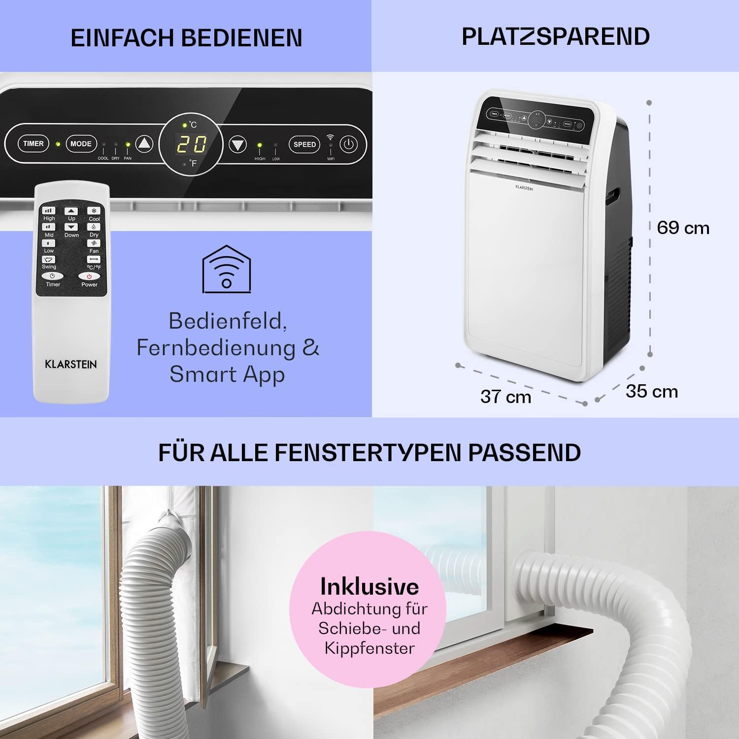Klarstein Mobile Klimaanlage mit Abluftschlauch, 4-in-1 Klimagerät mit Ventilator, Luftentfeuchter & Nachtmodus, Kleine & Portable Klimaanlage für Wohnung & Büro, App-Steuerung, 12000 BTU