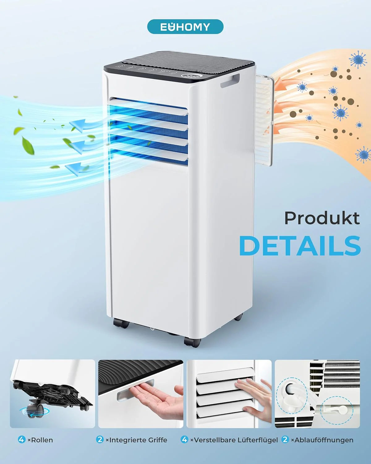 Mobile Klimaanlage 9000 BTU mit Abluftschlauch | 4-in-1 Mobiles Klimagerät | Leiser Betrieb
