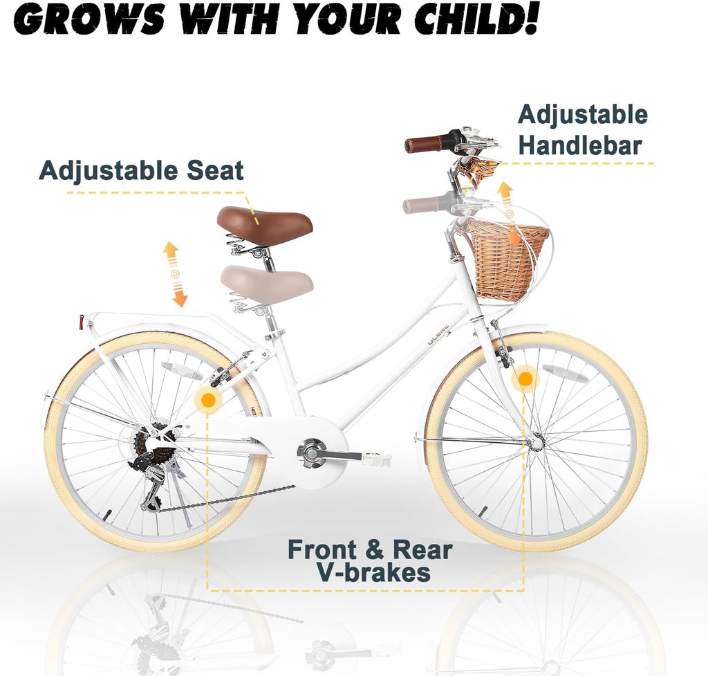 Glerc Missy 20 24 26 Zoll Mädchen City 6-Gang Hybrid Cruiser Fahrrad mit Weidenkorb für Jugend über 6-Jahre alt, mehrere Farben