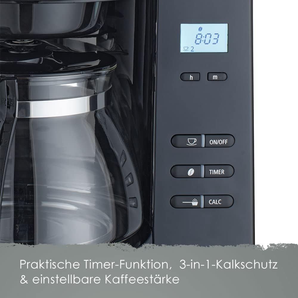 Melitta AromaFresh - Filterkaffeemaschine - mit Glaskanne - integriertes Mahlwerk - Timer Funktion - 10 Tassen - Pure Black