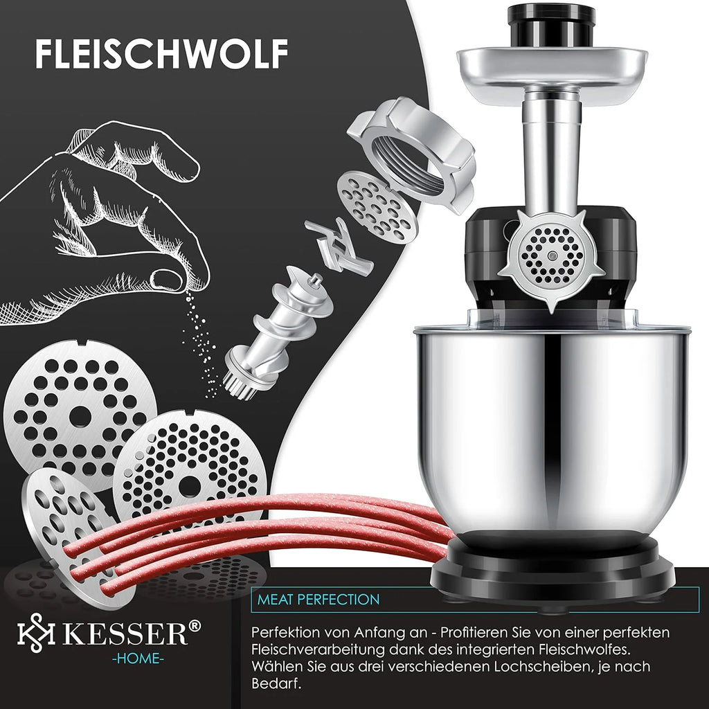 KESSER® 3 in 1 Universal Küchenmaschine K-KM 3000 mit Fleischwolf Knetmaschine Multifunktionale Rührmaschine 5,5L Schüssel mit 3 Rührwerkzeuge, 1,5L Entsafter, Zubehör-Set, Pasta & Gebäckformen