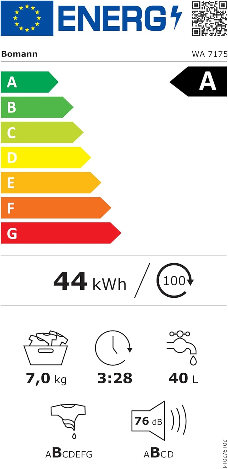 Bomann Waschmaschine 7kg | max. 1400 U/min | 10 Jahre Motor-Garantie | effizienter, leiser & langlebiger Invertermotor | 15 Programme | Endzeitvorwahl | LED-Display | Washing Machine | WA 7175 wei