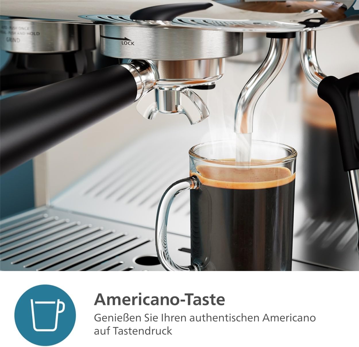 Philips Barista Brew Halbautomatische Espressomaschine - Einfacher & doppelter Espresso + Americano Taste, 250g Bohnenbehälter, Intuitive Führung, Kalibriertes Stampfen, Metall Silber (PSA3218/01)