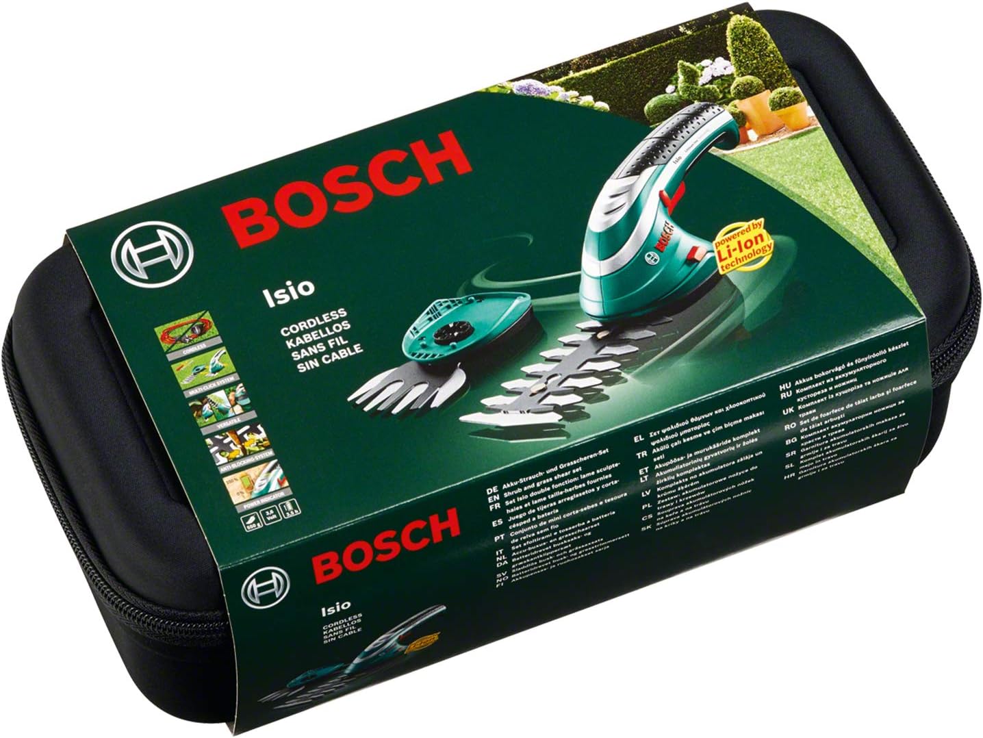 Bosch Akku Grasscheren Set Isio (3,6 Volt, Messerlnge 12 cm, Messerabstand 8 mm, mit XL-Gartenhandschuhen inklusive, in Softcase) – Amazon Edition