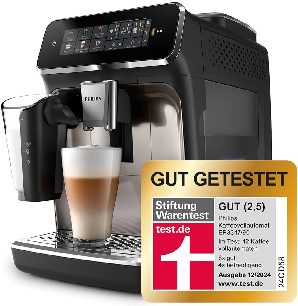 Philips 2300 Serie Vollautomatische Espressomaschine - 4 Getränke, modernes Farb-Touchscreen-Display, LatteGo-Milchsystem, SilentBrew, Keramikmahlwerk, AquaClean-Filter. Weißes Chrom (EP2333/40)