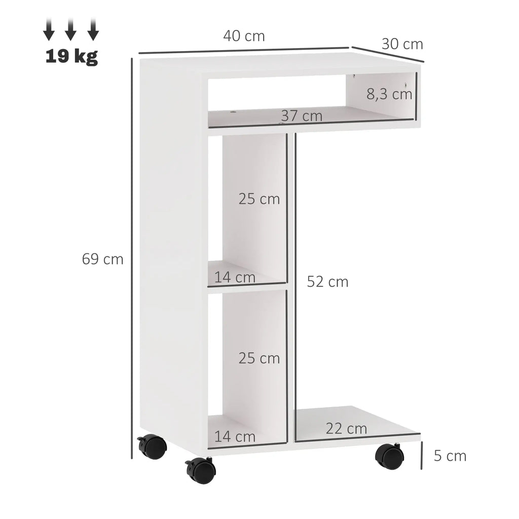HOMCOM Beistelltisch C-Form mit Rollen und Regalen Weiß