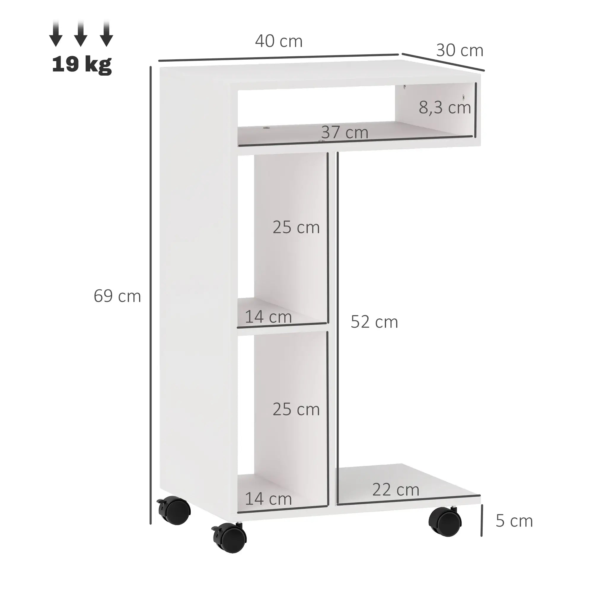 HOMCOM Beistelltisch C-Form mit Rollen und Regalen Weiß