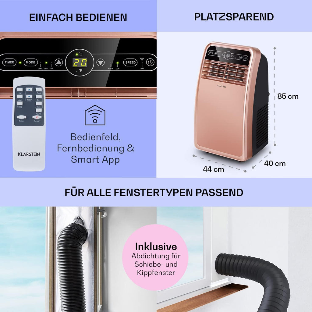 Klarstein Mobile Klimaanlage mit Abluftschlauch, 4-in-1 Klimagerät mit Ventilator, Luftentfeuchter & Nachtmodus, Kleine & Portable Klimaanlage für Wohnung & Büro, App-Steuerung, 12000 BTU