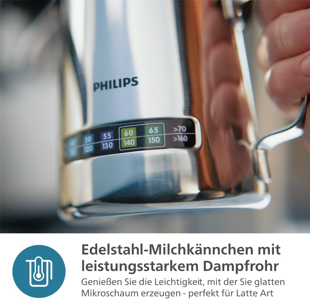 Philips Barista Brew Halbautomatische Espressomaschine - Einfacher & doppelter Espresso + Americano Taste, 250g Bohnenbehälter, Intuitive Führung, Kalibriertes Stampfen, Metall Silber (PSA3218/01)