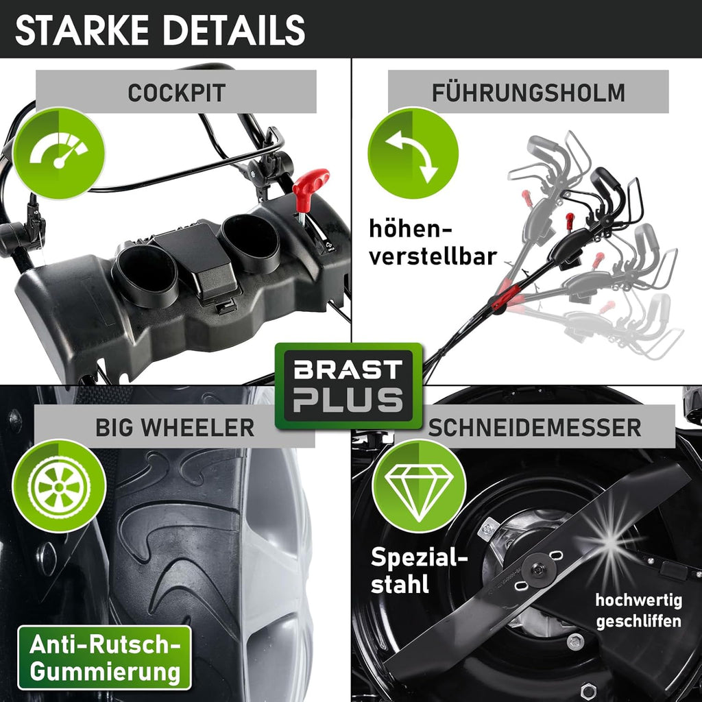 BRAST Benzin Rasenmäher mit Antrieb | 5,2kW (7PS) | 55cm Schnittbreite | viele Modelle | TÜV | 30-80mm Schnitthöhe | 60L Fangkorb | 4 Takt OHV Motor | Stahlgehäuse | Power