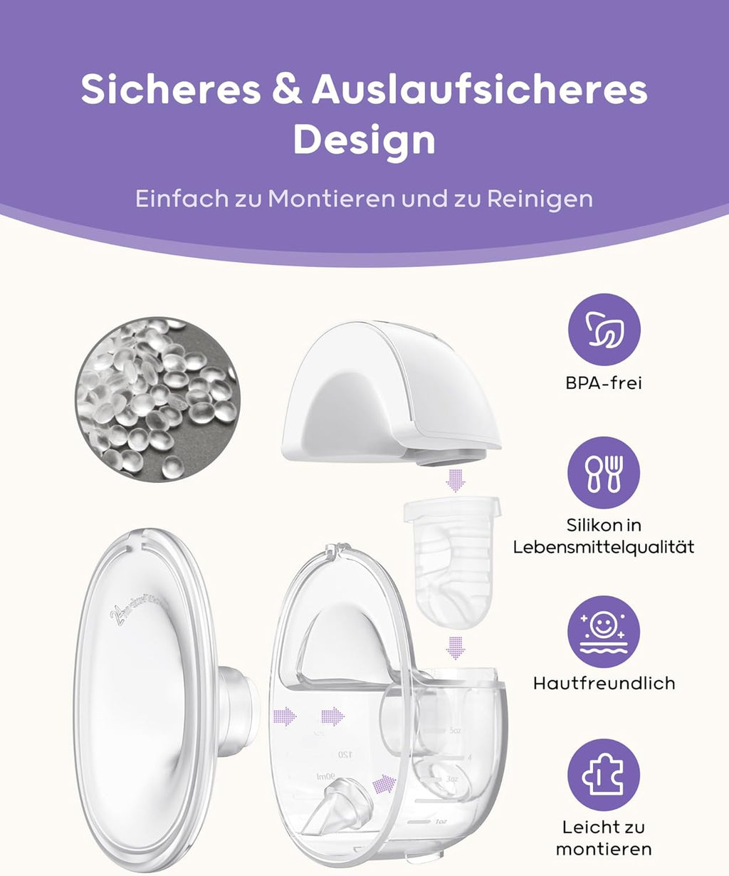Nuliie Milchpumpe Elektrisch tragbare S32, Elektrische milchpumpe freihändig 4 Modi 9 Stufen mit 18/21/24 mm komfortabler Flansch, Privat, mit Ersatzzubehör im Lieferumfang (2Packs, Weiß)