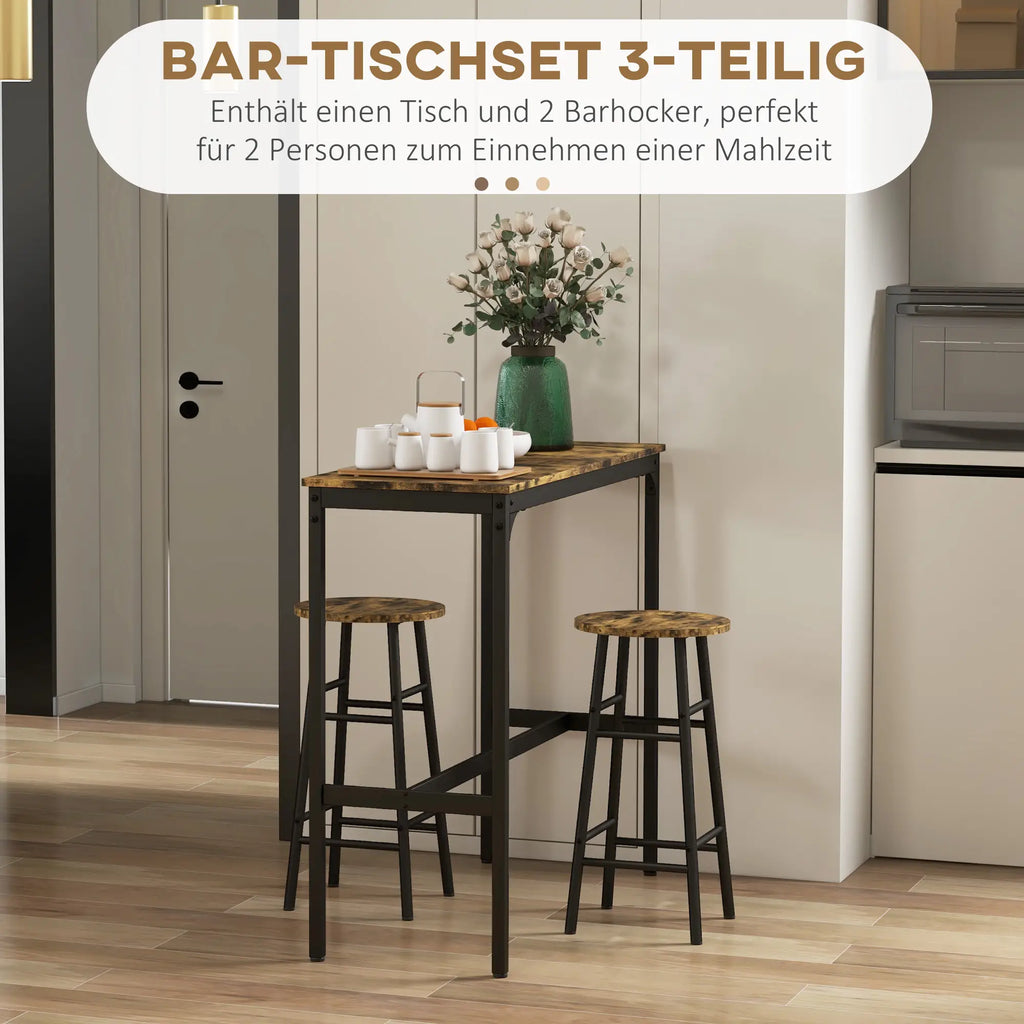 HOMCOM Bartisch-Set 3-tlg. platzsparend mit Fußstütze Industriedesign
