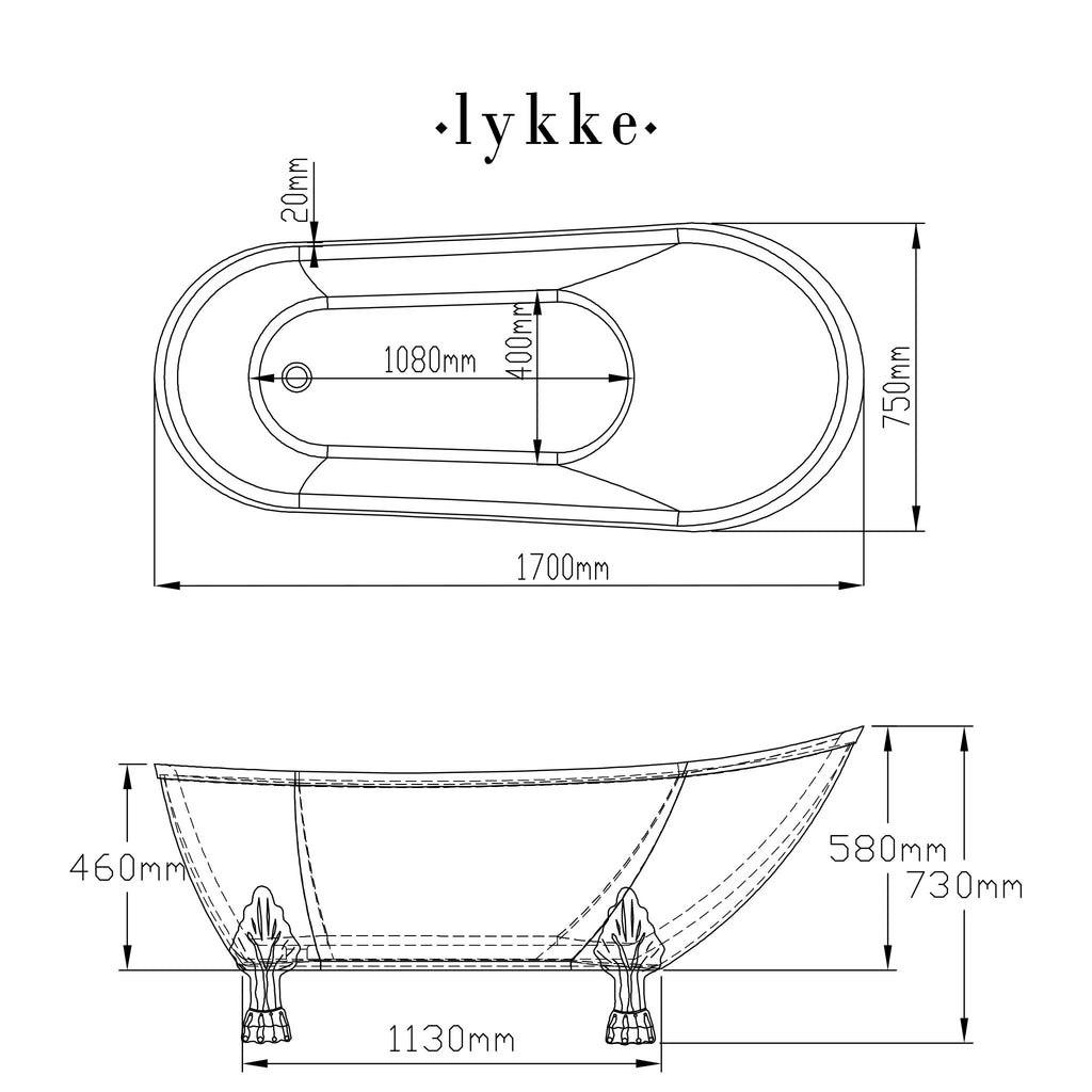 Lykke Badewanne mit Füen Nordic Deluxe 1700x750x730mm, Wei