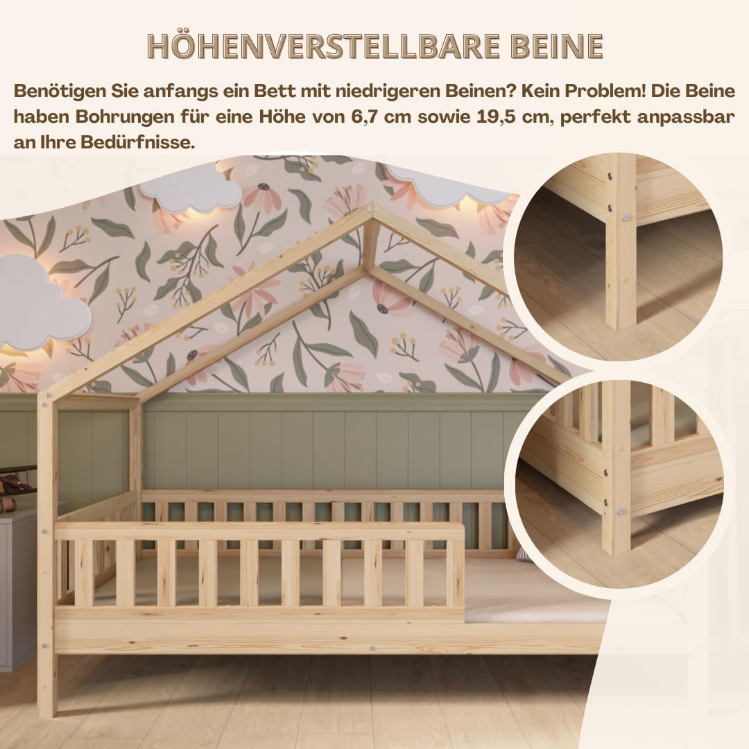 Crazy Pine Hausbett mit Schubladen 200x90 cm – Kinderbett aus Naturholz mit Rausfallschutz – Montessori Bodenbett mit zusätzlichen Stauraum und und Abnehmbarer Barriere - Crazy House