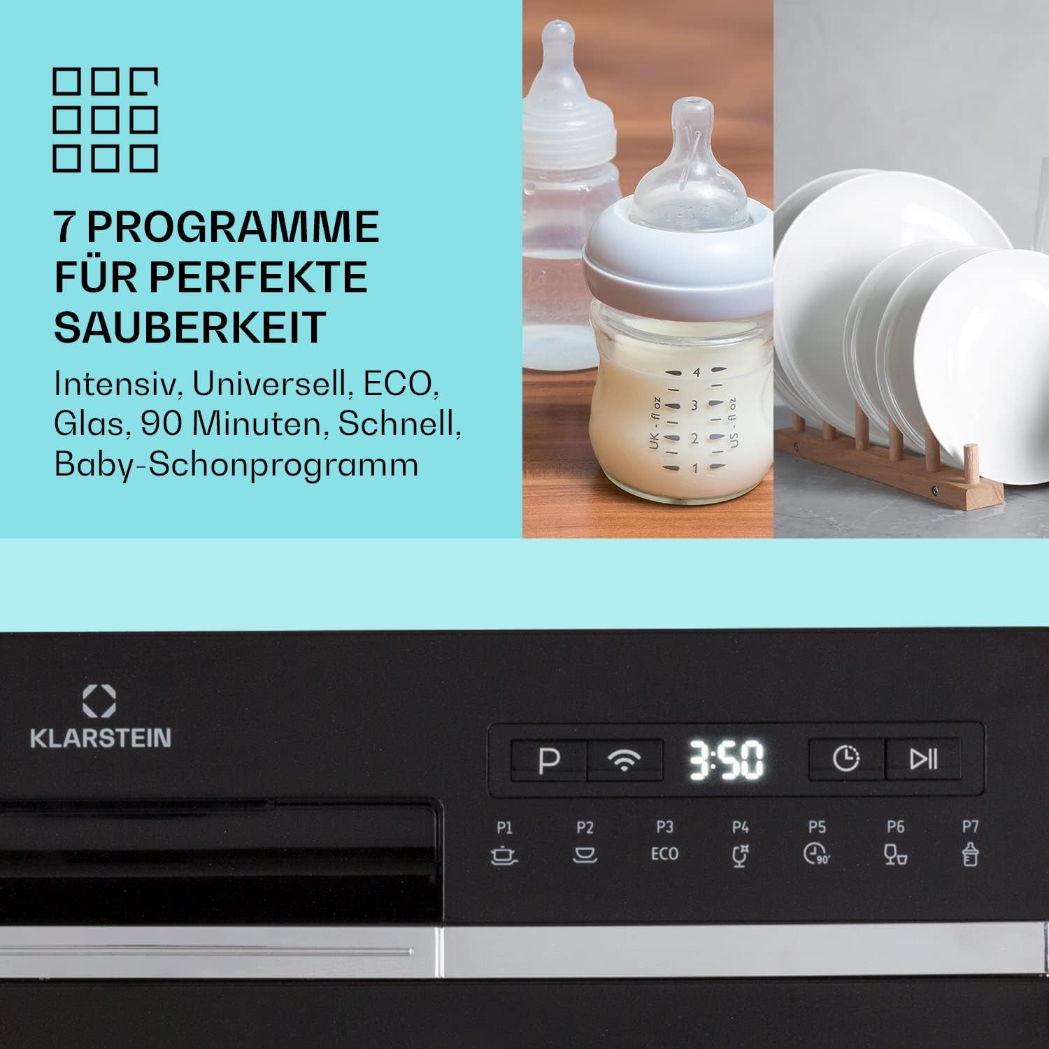 Klarstein ia 8 - Spülmaschine, Geschirrspüler, Freistehend, Teilintegriert, F, 55 cm breit, 8 Maßgedecke, 6 Programme, Aquastop, silber