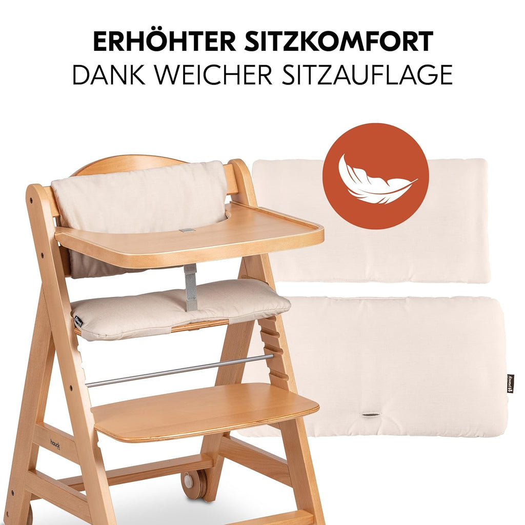 hauck Hochstuhl Beta+ Newborn Set Eco Bouncer - mitwachsender Holz Babyhochstuhl ab Geburt, inkl. Neugeborenenaufsatz, Sitzpolster und Essbrett - Dark Grey