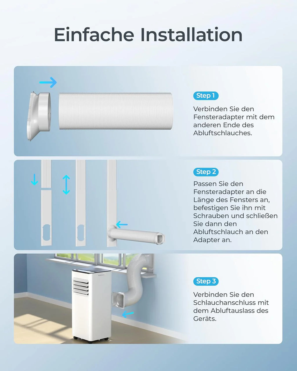 Mobile Klimaanlage 9000 BTU mit Abluftschlauch | 4-in-1 Mobiles Klimagerät | Leiser Betrieb