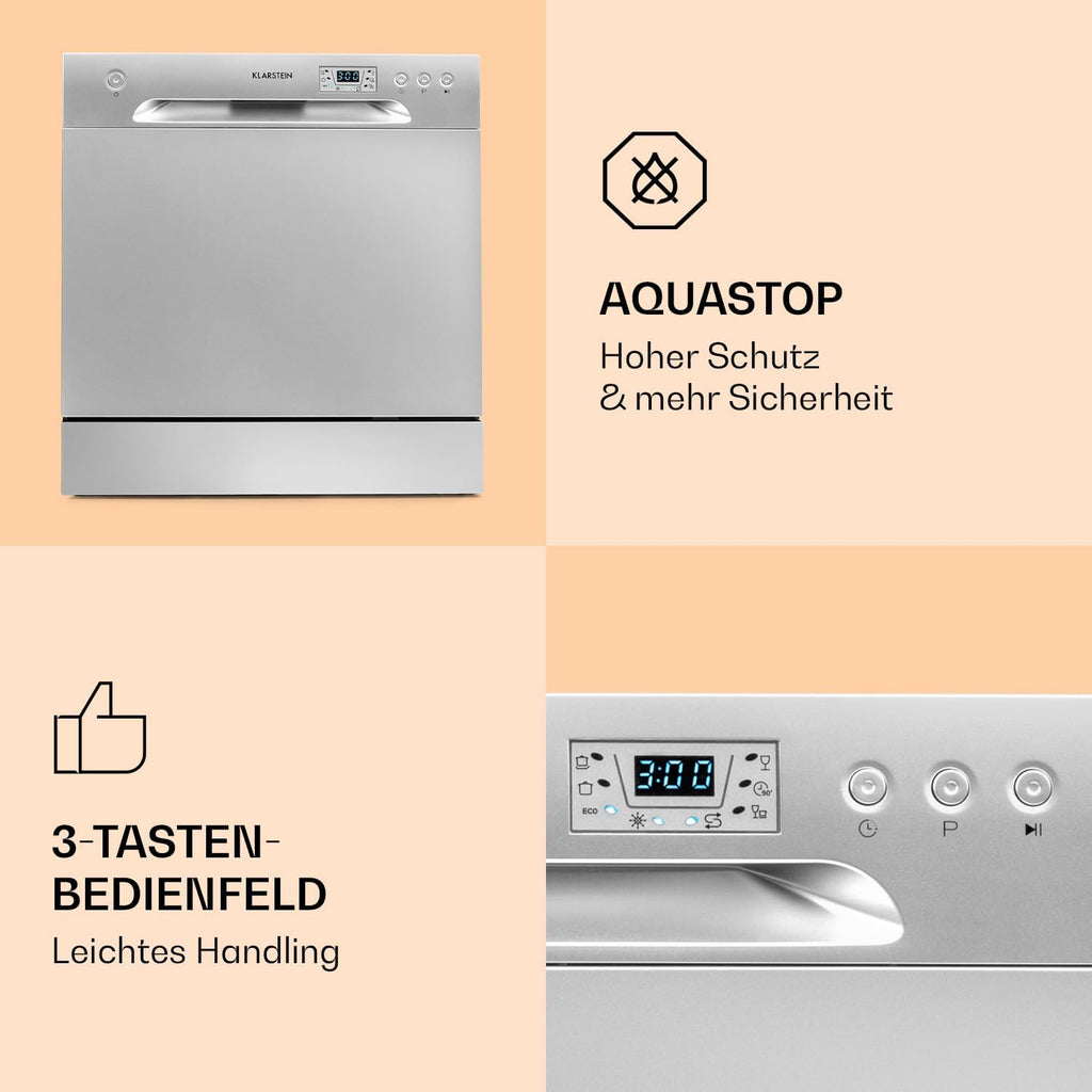 Klarstein ia 8 - Spülmaschine, Geschirrspüler, Freistehend, Teilintegriert, F, 55 cm breit, 8 Maßgedecke, 6 Programme, Aquastop, silber