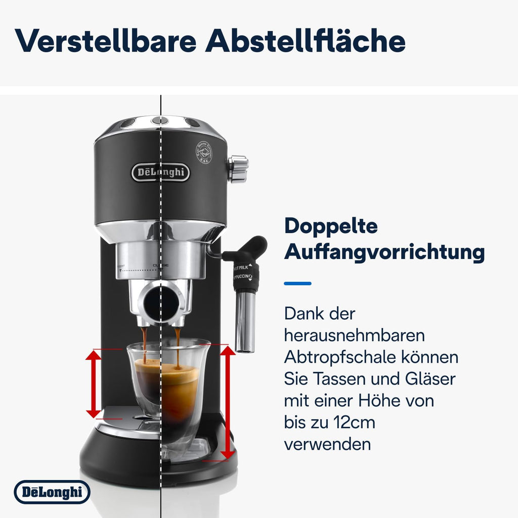 De'Longhi Dedica Style EC 685.M – Espresso Siebtrgermaschine, Espressomaschine mit professionellem Milchaufschumer, nur 15 cm breit, für Kaffeepulver oder ESE Pads, 1 l Wassertank, silber