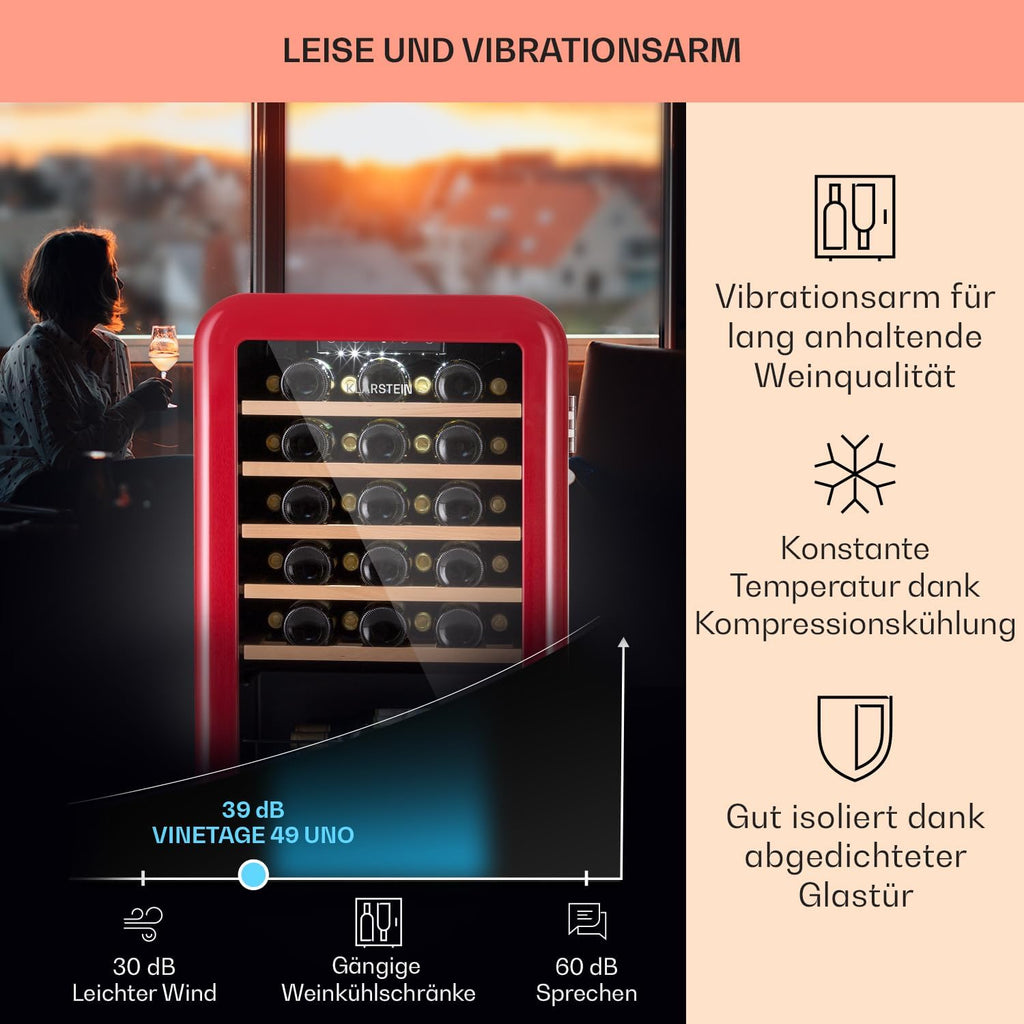 Klarstein Weinkühlschrank, Getränkekühlschrank Schmal, Kühlschrank mit Glastür, Getränkekühlschränke Freistehend, Weinkühlschrank Klein, Weinkühlschränke 1 Zone, UV-Schutz, 4-22 °C, 19 Flaschen