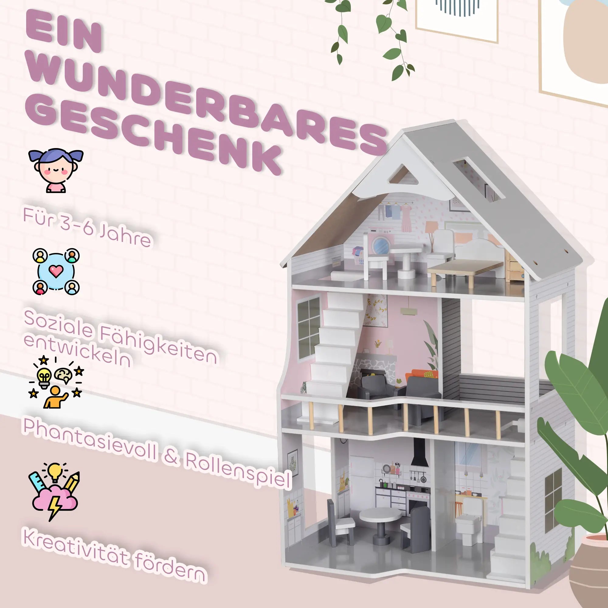AIYAPLAY Puppenhaus Holz 3-stöckig mit 13 Möbeln offenes Spiel