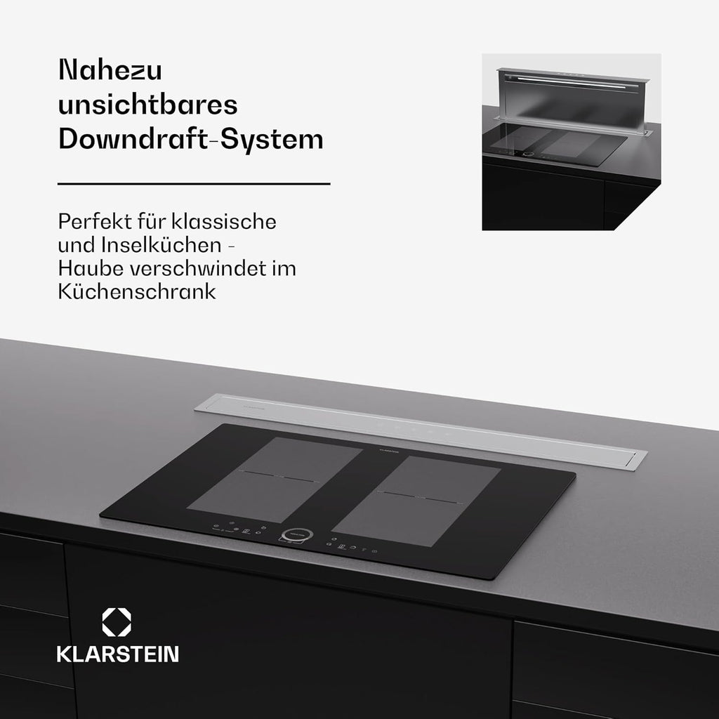 Klarstein Downdraft-Dunstabzugshaube, Versenkbare Abzugshaube, Leise Dunstabzugshauben mit Filter, Dunstabzugshaube 60cm, Umluft/Abluft Dunsthaube mit 10 Stufen, Dunstabzug 576 m³/h Luftstrom