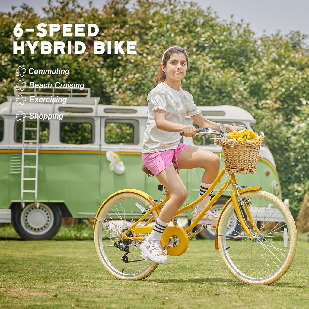 Glerc Missy 20 24 26 Zoll Mädchen City 6-Gang Hybrid Cruiser Fahrrad mit Weidenkorb für Jugend über 6-Jahre alt, mehrere Farben