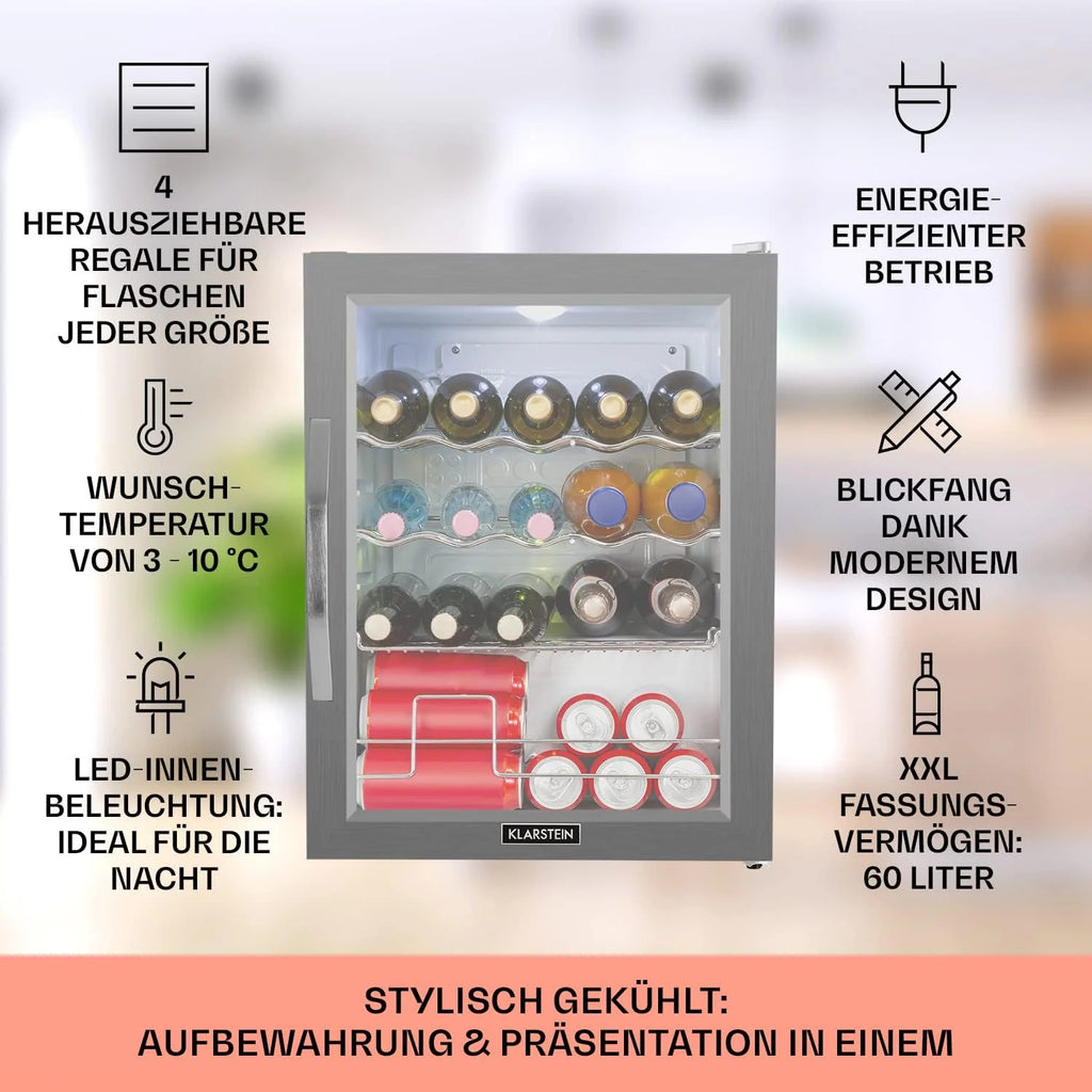 Klarstein Mini Kühlschrank mit Glastür für Zimmer, Getrnkekühlschrank mit Verstellbaren Ablagen, Kleiner 80 Liter, Indoor/Outdoor Kühlschrank Leise