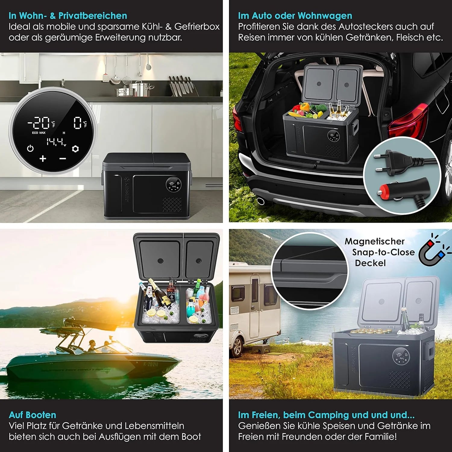 KESSER® Kompressor Kühlbox 2in1 Doppelzone Kühl & Gefrierfach elektrische Gefrierbox mit 2x Kühlakkus & LED-Touch-Bedienung | Kühlschrank Kühlung bis -20 °C für Camping, Auto, Lkw 12/24V 230V