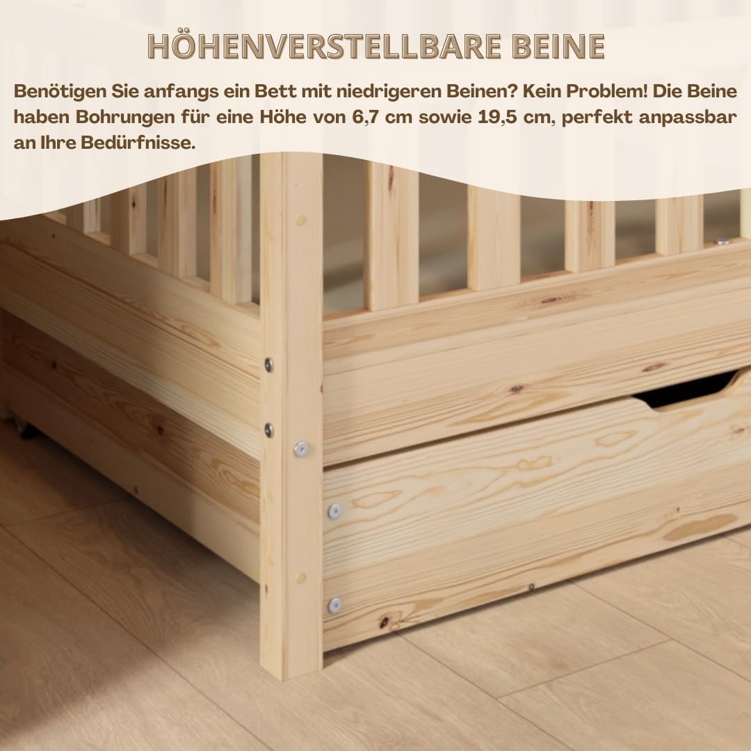Crazy Pine Hausbett mit Schubladen 200x90 cm – Kinderbett aus Naturholz mit Rausfallschutz – Montessori Bodenbett mit zusätzlichen Stauraum und und Abnehmbarer Barriere - Crazy House