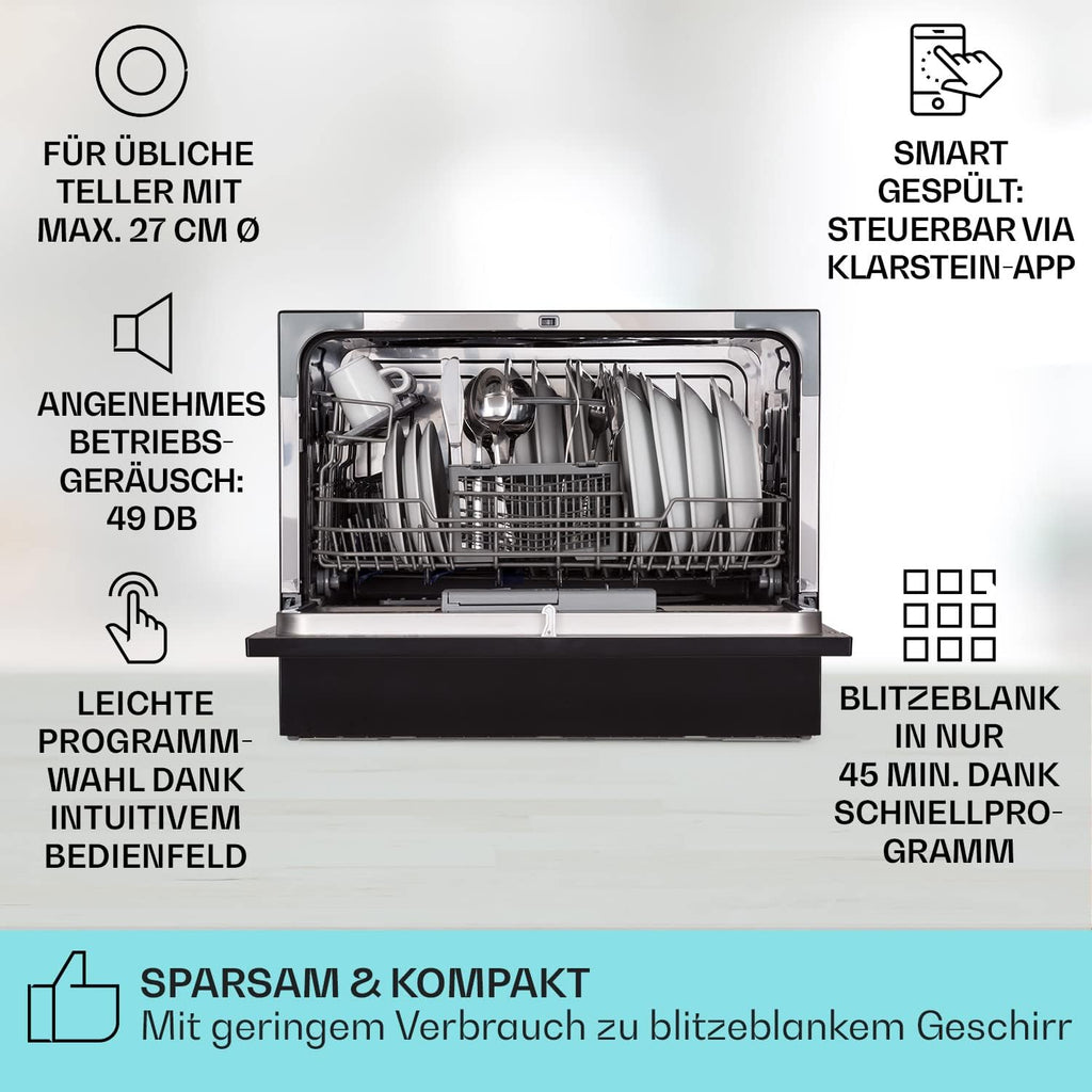 Klarstein ia 8 - Spülmaschine, Geschirrspüler, Freistehend, Teilintegriert, F, 55 cm breit, 8 Maßgedecke, 6 Programme, Aquastop, silber