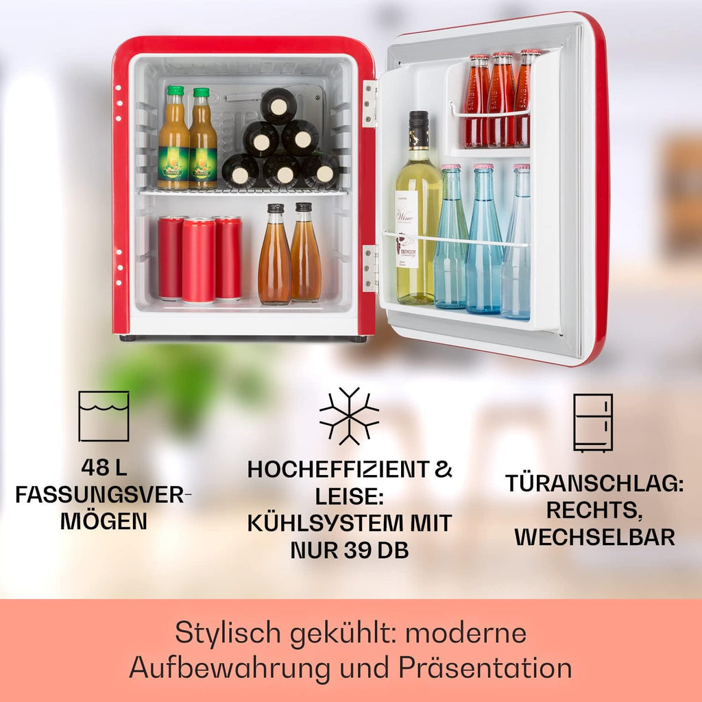 Klarstein Audrey Mini - kleiner Kühlschrank, kompakte Mini-Bar, freistehend, Kompressionskühlung, Fassungsvermögen, Kühlung: 0-10 °C, Mini-Kühlschrank mit 70 Liter Fassungsvermögen, rot