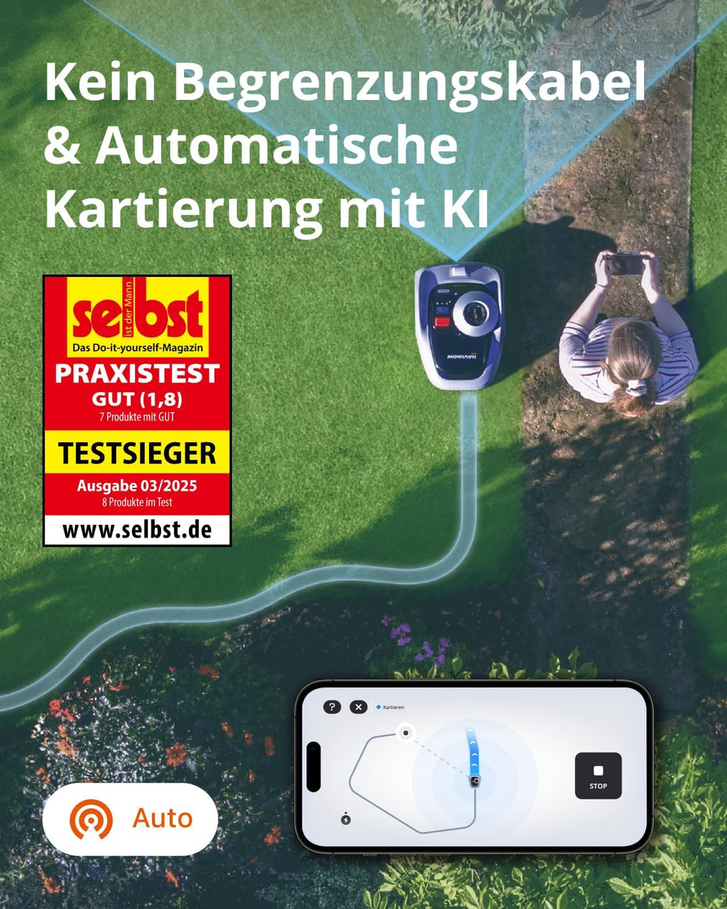 Navimow i105E Mähroboter ohne Begrenzungskabel, Empf. 500 m², Max. 600 m², RTK+Vision Rasenmäher Roboter Testsieger, Igelschutz Rasenroboter, KI Auto Kartierung, Virtuelle Begrenzung, Mehrzonen